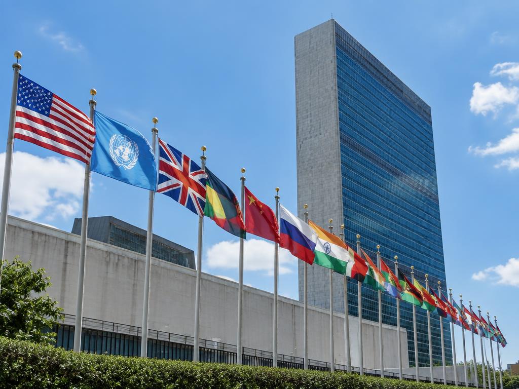 Imagem ilustrativa de bandeiras em frente à ONU